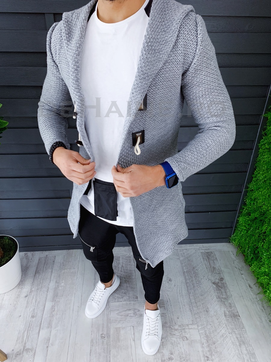 Cardigan barbati gri deschis cu gluga slim fit zr t3608 98-1
